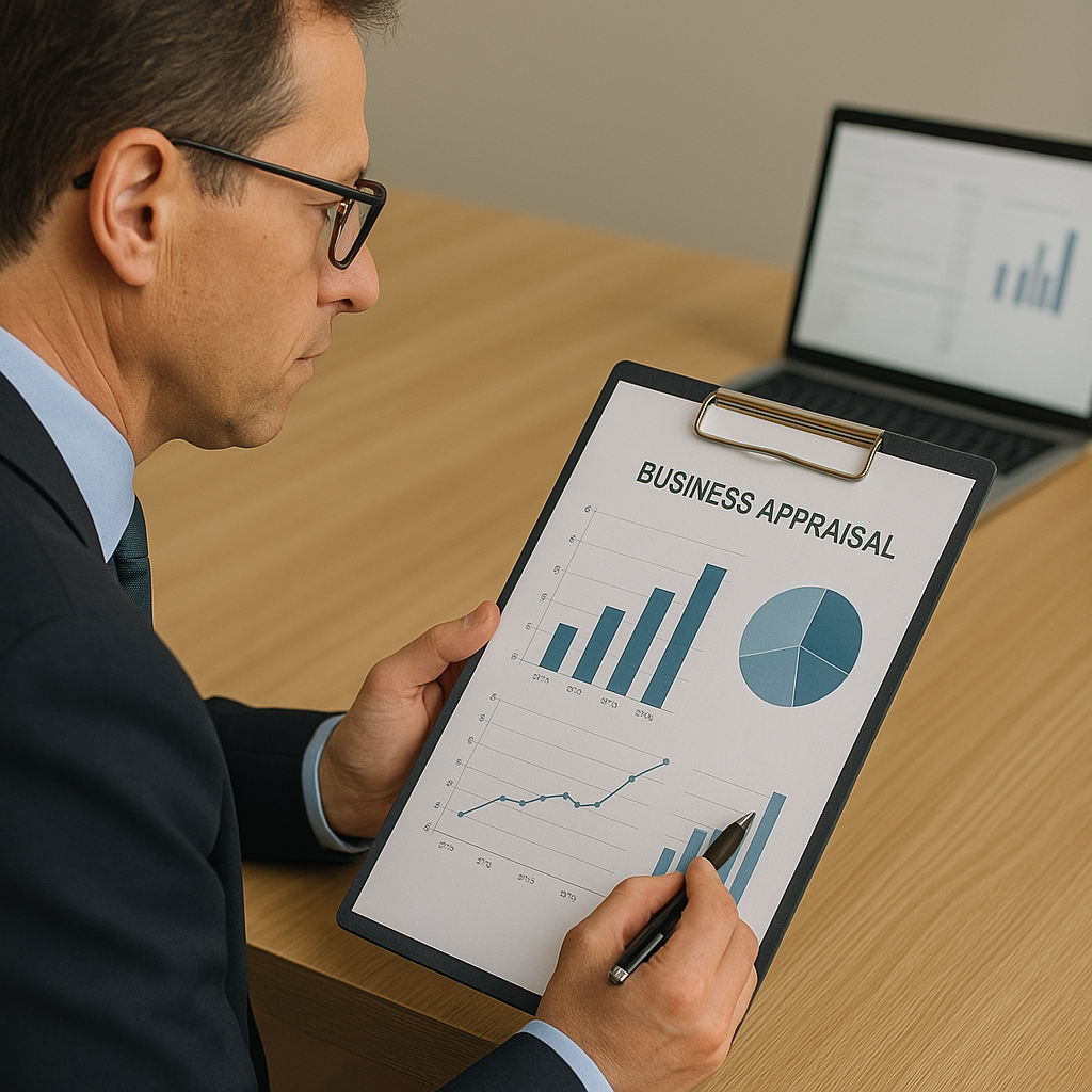 Business appraisal professional analyzing charts during divorce consultation in office setting
