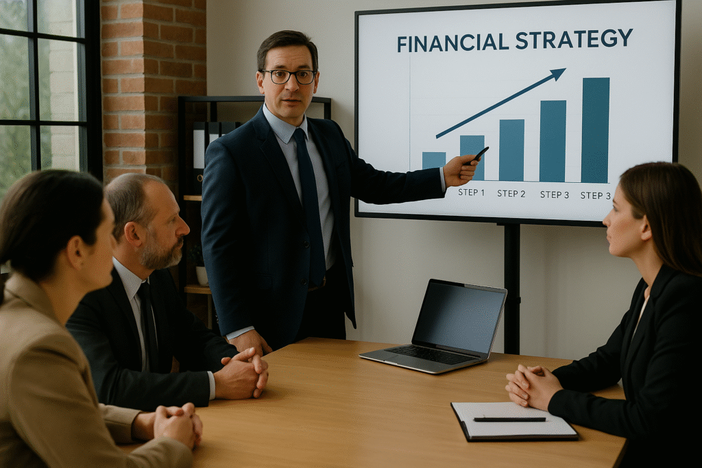 “Contract CFO in BC explaining financial strategy process to business team"